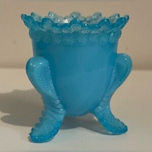 TOOTHPICK HOLDER VINTAGE BLUE OPALESCENT  GLASS FLORAL HOLDER home decor art